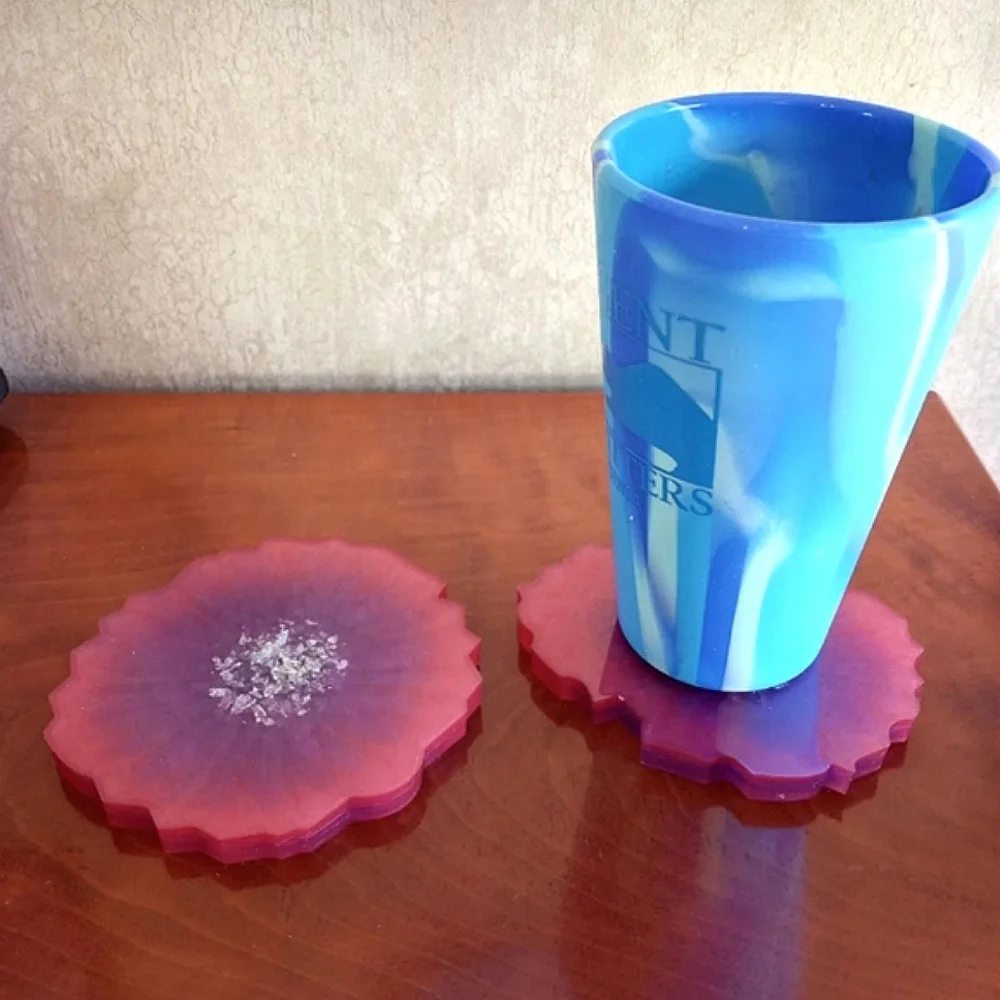 Geode resin coasters set candle drink coasters pink purple and silver new